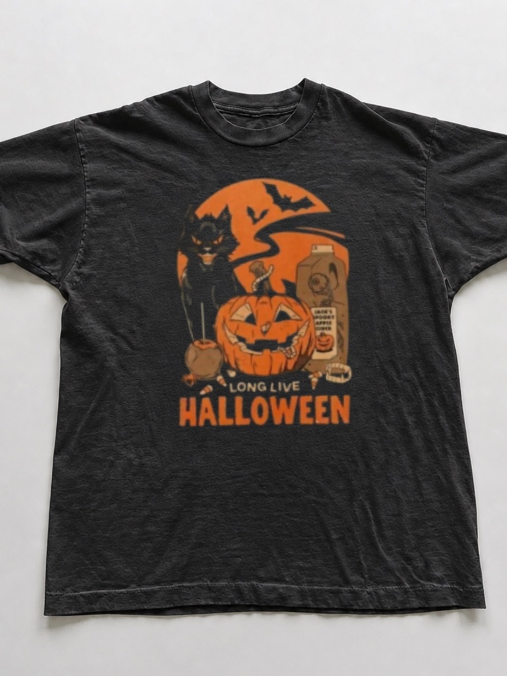 Black Short-Sleeve Halloween Graphic Tee with Orange Print